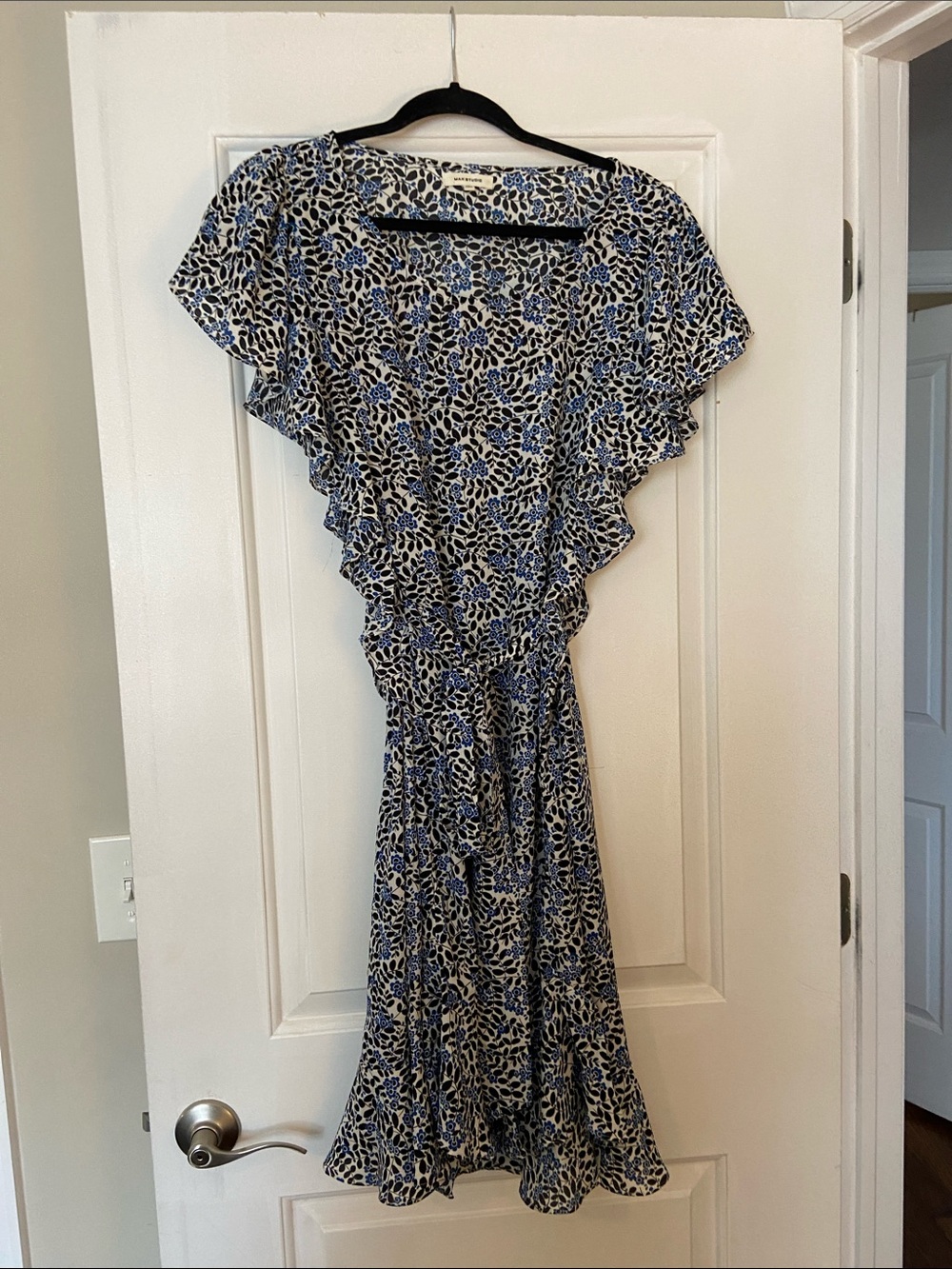 Max Studio Blue and White Floral Ruffle Midi Dress With Belt